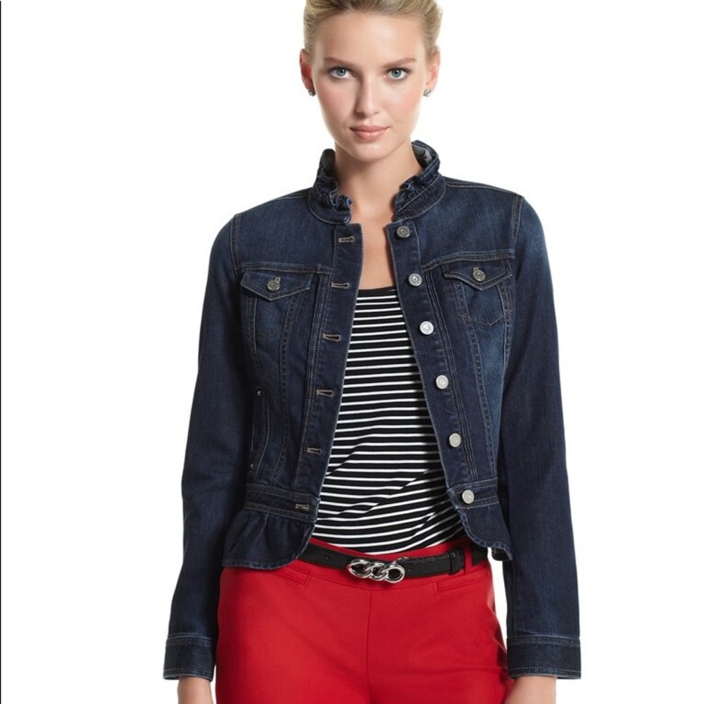 WHBM Ruffled Peplum Jean Denim Jacket Dark Blue 0